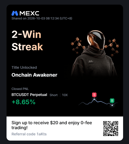 A MEXC trading notification showing a "2-Win Streak" achievement titled "Onchain Awakener" with a closed PNL of +8.65% on a BTCUSDT Perpetual Short trade, alongside a referral code offer.