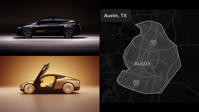 A collage featuring a black Tesla Model Y with 'HW4' branding, a futuristic gold Cybertruck-style vehicle with scissor doors, and a map highlighting Austin, TX with Interstate 35.