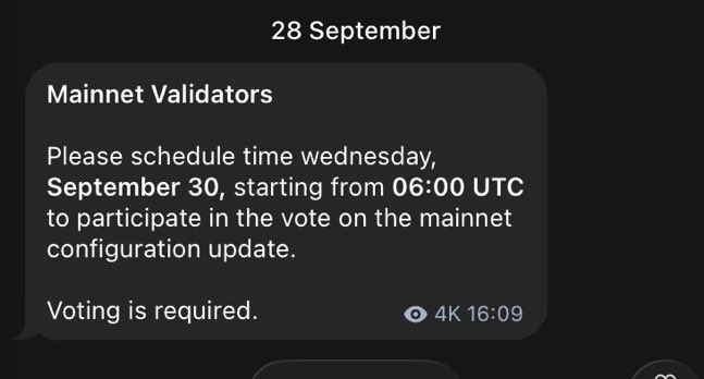 A message notification dated '28 September' from 'Mainnet Validators' asks recipients to schedule time on 'Wednesday, September 30, starting from 06:00 UTC' to participate in a required vote on a mainnet configuration update.