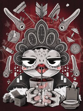 A stylized cartoon illustration of a character with large eyes and a cloud-shaped hairstyle, surrounded by various weapons, floating in a dark red background.