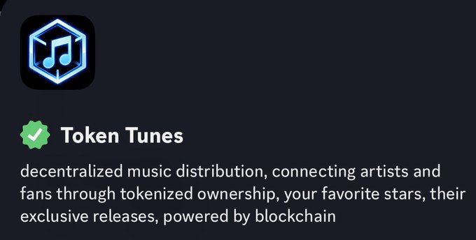 A digital interface card for "Token Tunes," featuring a blue music note icon and the description "decentralized music distribution, connecting artists and fans through tokenized ownership, your favorite stars, their exclusive releases, powered by blockchain".