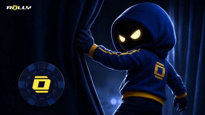 An anonymous dark figure in a hoodie looks out from behind a curtain, emitting an air of secrecy and concealment. The image is designed to mimic a logo for Rolly, an onchain project that offers users the chance to earn rewards for their transactions.