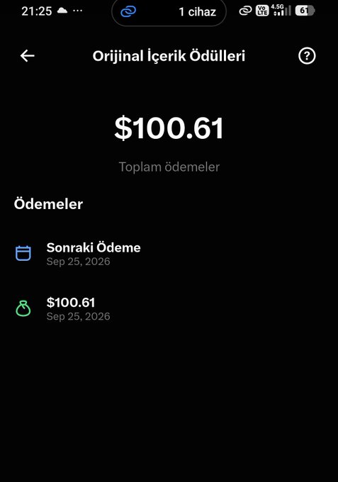 A screenshot in Turkish displays an 'Orijinal İçerik Ödülleri' (Original Content Rewards) page showing total payments of $100.61 scheduled for Sep 25, 2026.