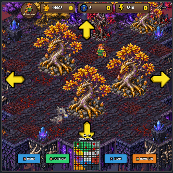 The image is a screenshot from a video game called "Dragon Zone of Dofemon". The game is centered around a player named Dofamon who embarks on a journey through various worlds, including a dragon's den filled with gold, trees, and mountains. In this particular scene, the player finds themselves in an area with multiple yellow trees, indicating that they are approaching or near one of these trees. Another player character can be seen behind the tree, likely interacting with Dofamon.