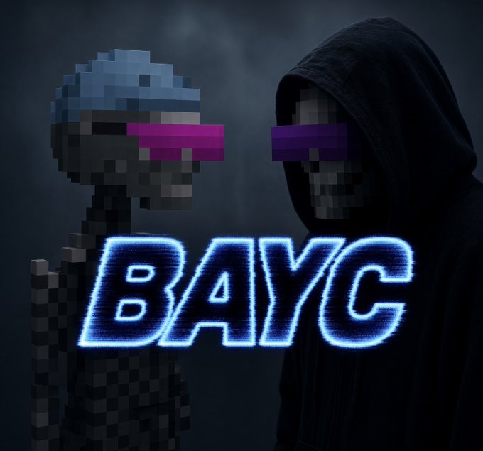 A dark, stylized image featuring two pixelated skull figures—one robotic/metallic and one hooded—with neon pink and purple visors, overlaid with glowing blue text reading 'BAYC'.
