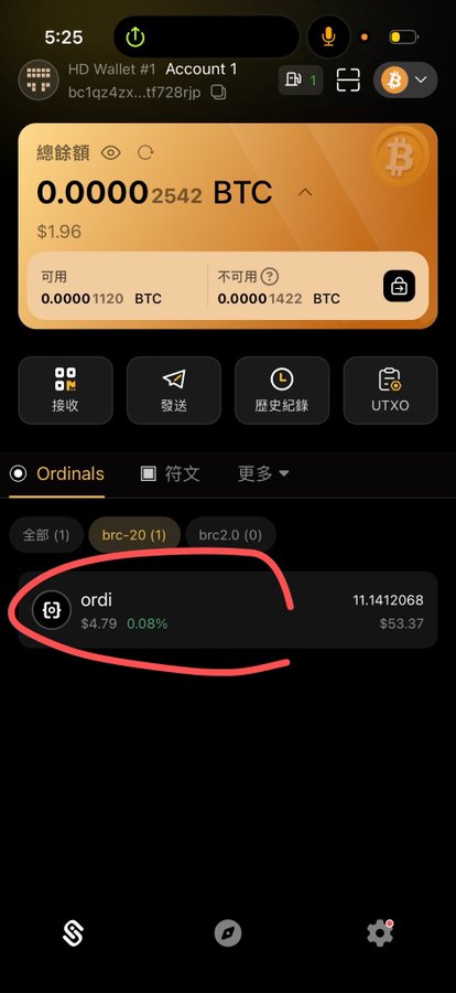A screenshot of a Bitcoin HD Wallet app showing a total balance of 0.00002542 BTC ($1.96), with a red hand-drawn circle highlighting an Ordinals asset named 'ordi' valued at $4.79.