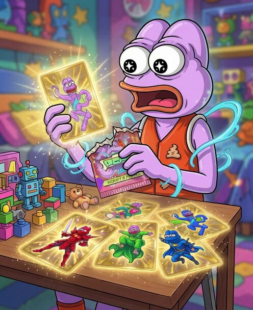 The image features a cartoon character holding up a card with a picture of a character from Peanuts. The character appears to be surprised or excited about something depicted on the card. The background shows a room filled with toys, including action figures and other playthings. The text in the image reads "Memeland has just released cards that will rule for quite some time." This suggests that the cartoon character is likely discussing or showing off these cards with others who are interested in them.
