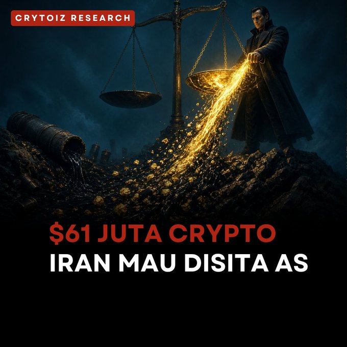 A dramatic graphic shows a man pouring glowing gold coins from a scale, with the text "CRYTOIZ RESEARCH", "$61 JUTA CRYPTO", and "IRAN MAU DISITA AS".