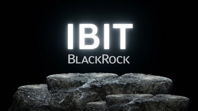 A graphic displays 'IBIT' in glowing white text above 'BLACKROCK' on a black background, with a pile of silver-colored bullion bars at the bottom, referencing BlackRock's Bitcoin ETF.