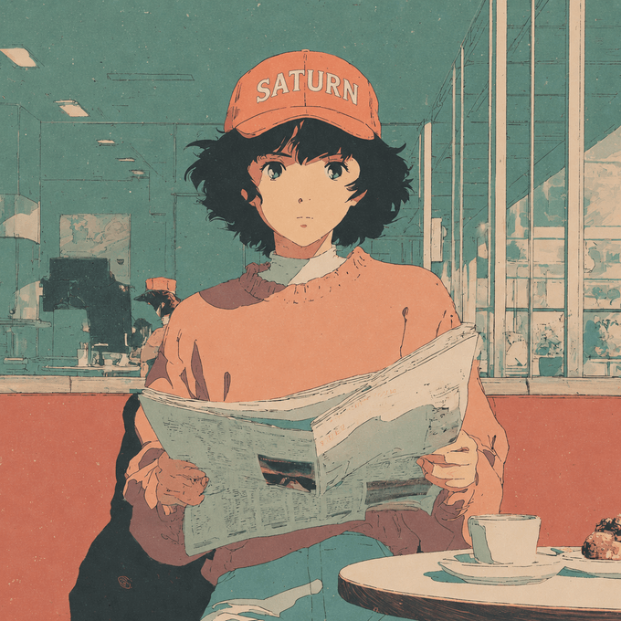 The image features an anime character, possibly a girl or a boy, sitting at a table with a cup of coffee and reading a newspaper. The character appears to be wearing a red hat that says "Saturn" on it. The background shows a cafe setting with other people present in the scene.