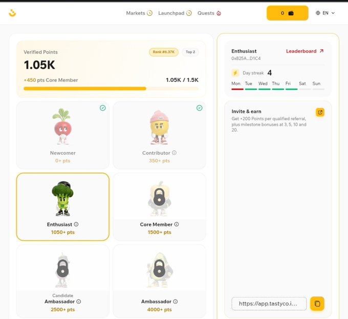 A screenshot of the TastyCo platform dashboard shows a user with 1.05K Verified Points at Rank #8,376 (Enthusiast tier), with tiers ranging from Newcomer (0 pts) to Ambassador (4000+ pts). The image illustrates the post's point about understanding airdrop reward mechanics, displaying the specific tier system and point thresholds that determine user allocations on TastyCo.