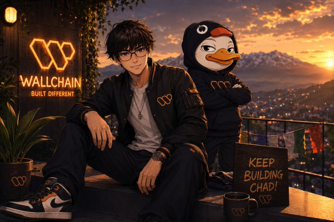 The image features a man dressed in black clothing with glasses sitting next to another character wearing a penguin costume holding a sign that reads "keep building champ!". The background of the picture consists of a sunset over a city, with an outdoor café visible. The text on this image is not related to wallchain but might be from other content within the social media post or elsewhere in the same context.
