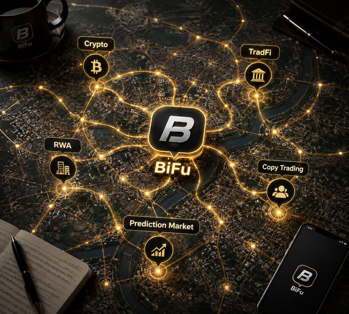 A promotional graphic for BiFu showing interconnected service nodes including Crypto, TradFi, RWA, Copy Trading, and Prediction Market overlaid on an aerial city view with glowing orange connection lines.