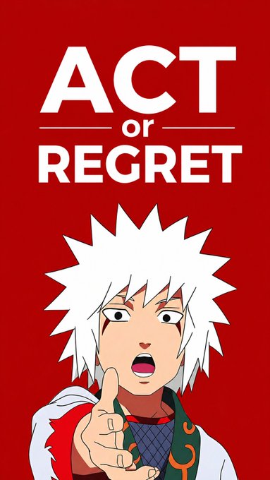 An anime-style illustration features a white-haired character pointing forward against a red background with bold white text reading 'ACT or REGRET'.