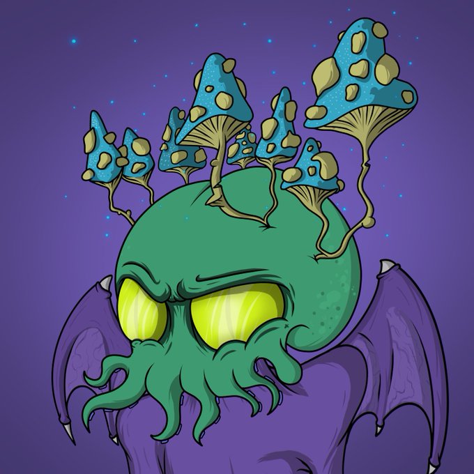 A fantasy illustration of a Cthulhu-like creature with a green octopus head, glowing yellow eyes, purple bat-like wings, and blue spotted mushrooms growing from its head against a starry purple background.