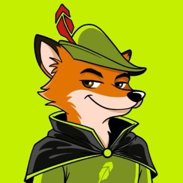 A smug cartoon fox dressed as a Robin Hood-style outlaw wearing a green hat with a red feather and a dark cloak stands against a bright green background. The image directly ties to the post's bullish sentiment on the $FOX token, personifying Robinhood Markets as the iconic "fox" mascot while symbolizing the potential 20-30x upside.