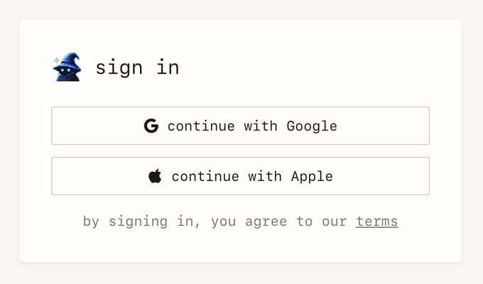 A minimalist sign-in interface featuring a wizard emoji next to 'sign in' text, with buttons to 'continue with Google' and 'continue with Apple,' and a disclaimer 'by signing in, you agree to our terms.'