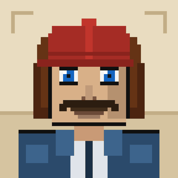 Another pixel art character resembling the previous one, featuring a person with brown hair, a red cap, blue eyes, a mustache, and wearing a blue jacket with a white shirt.