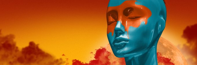 A digital artwork featuring a blue mannequin-like head with orange paint dripping down its face, set against a dramatic orange and yellow sunset sky with clouds.