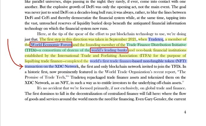 A page from a document discussing DeFi and global trade finance, highlighting that in September 2021, Tradeteq, a World Economic Forum member, completed the world's first trade finance-based non-fungible token (NFT) transaction on the XDC Network (XDC), the first blockchain invited to join the Trade Finance Distribution Initiative (TFDi) consortium of major global banks. Red arrows emphasize the XDC blockchain's connection to this historic NFT transaction.