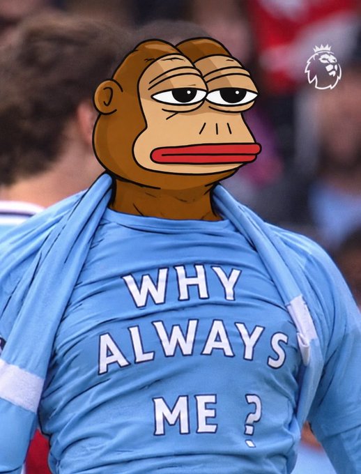 A photoshopped image of a soccer player in a light blue jersey with a Sad Pepe the Frog face and the text 'WHY ALWAYS ME ?' on the shirt, featuring the Premier League logo.