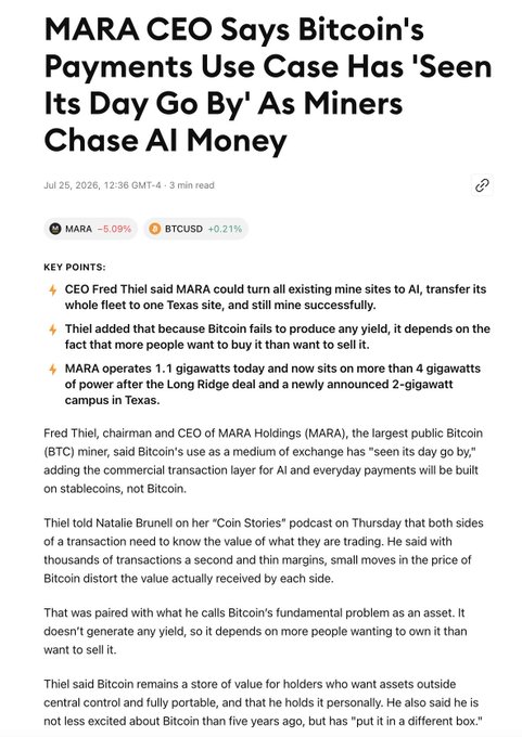 A news article headline reading 'MARA CEO Says Bitcoin's Payments Use Case Has 'Seen Its Day Go By' As Miners Chase AI Money' with key points about CEO Fred Thiel discussing MARA Holdings pivoting toward AI.