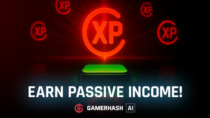 Promotional graphic for GamerHash featuring a glowing red "XP" logo and text "EARN PASSIVE INCOME!" with a green button.