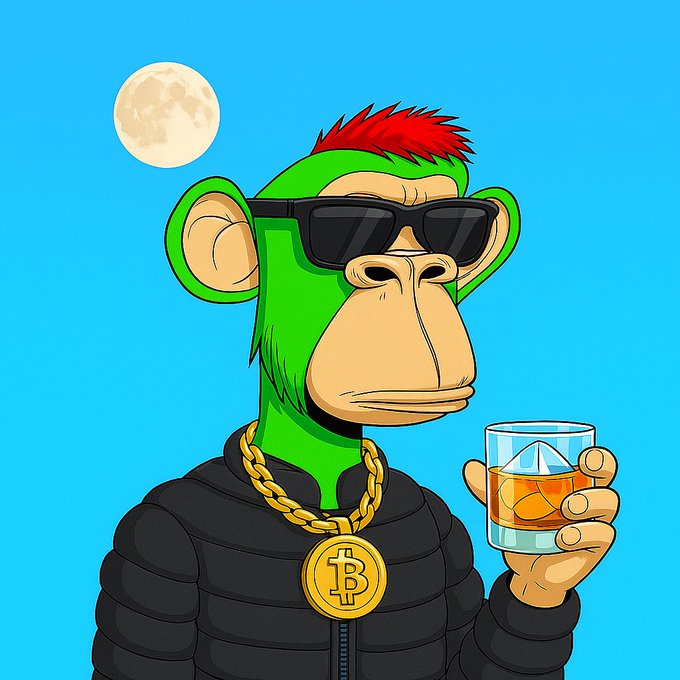 A cartoon illustration of a green monkey with a red mohawk, wearing black sunglasses, a black puffer jacket, and a gold Bitcoin chain, holding a glass of whiskey with ice, with a moon in the blue sky background.