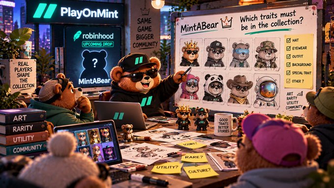 A whimsical scene shows teddy bears in a meeting room with a 'PlayOnMint' sign and a whiteboard displaying 'MintABear' NFT character traits including hat, eyewear, outfit, and background.