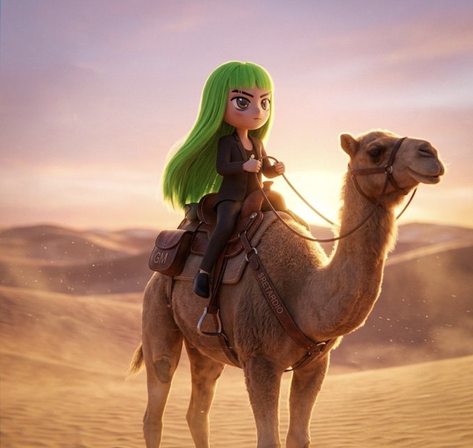 A 3D-rendered character with long green hair, dressed in black, riding a camel across a desert at sunset, with saddlebags marked 'GM' and 'SHE FARIO'.