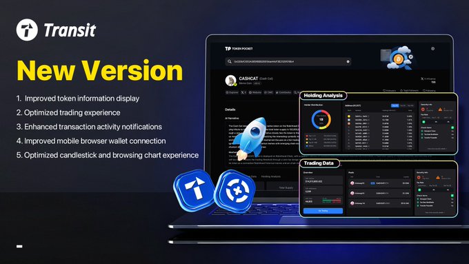 A promotional graphic announces the "New Version" of Transit, highlighting five key improvements including enhanced token information display, optimized trading, and improved mobile browser wallet connection. The image features a laptop displaying the Transit Pocket interface with "Holding Analysis" and "Trading Data" panels for a C&SNCAT token, alongside app icons and a rocket illustration symbolizing the launch.