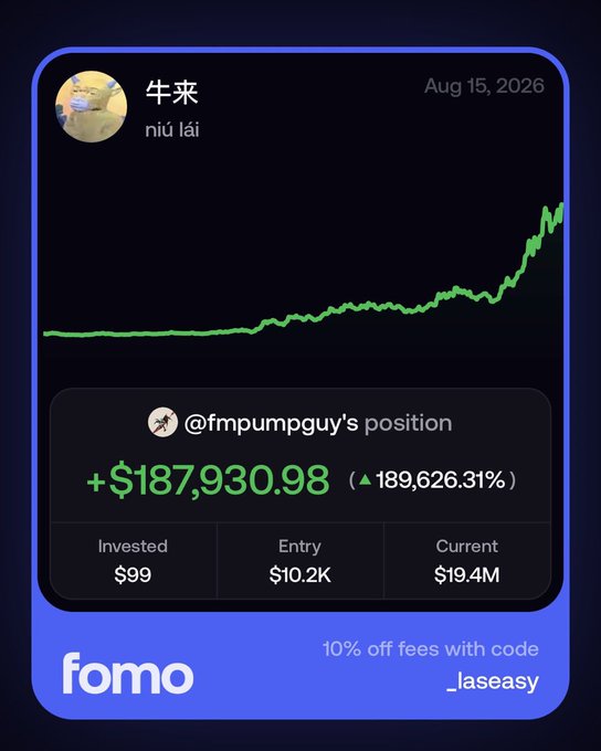 The image shows a Fomo trading app card displaying an astronomical gain of +$187,930.98 (a 189,626.31% increase) on the "牛来" (niú lái) token by @fmpumpguy, with just $99 invested transforming into $19.4M from an entry point of $10.2K, visually illustrating the post's claim of turning a small investment into life-changing wealth.