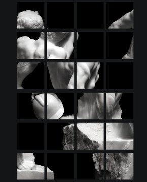 A black-and-white sculptural image of a male torso arranged in a grid layout, showing fragments of classical statues and stone textures.