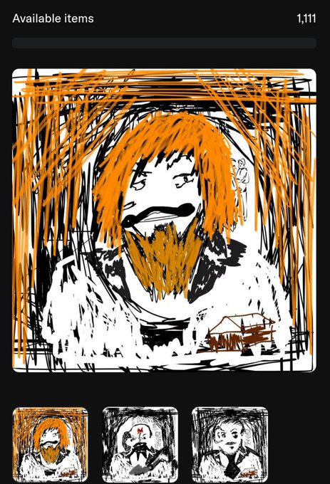 A digital drawing app showing a sketch of a bearded man with orange hair in a frame, with three thumbnail options below; header reads 'Available items' with '1,111' in the corner.