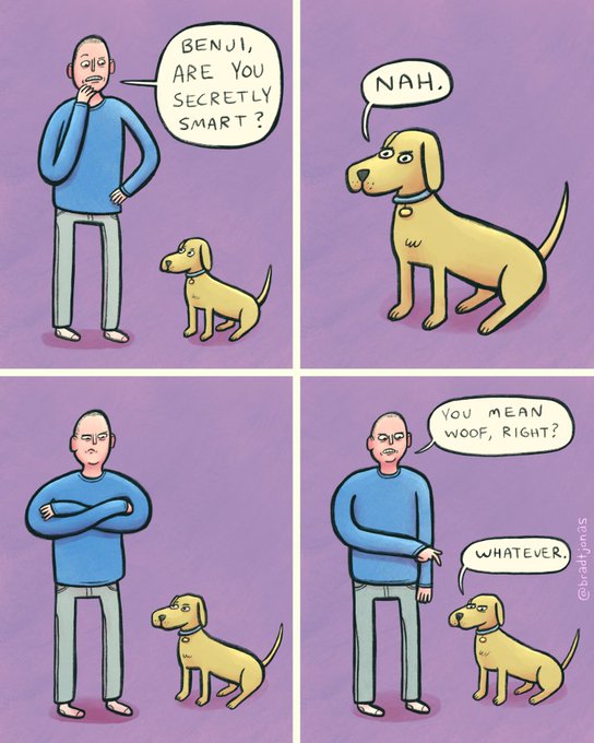 A four-panel comic by @bradl_jonas featuring a man asking his dog 'Benji' if he's secretly smart. The dog replies 'Nah,' the man asks 'You mean woof, right?', and the dog responds 'Whatever.'