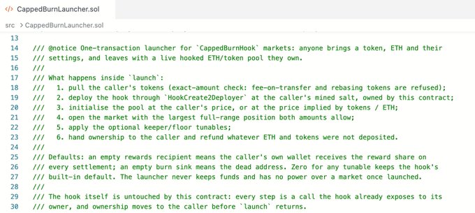A screenshot of the CappedBurnLauncher.sol smart contract code displaying the `launch()` function header and comments, which explains how the contract pulls tokens, deploys a CappedBurnHook market via HookCreate2Deployer, opens a full-range pool, applies a keeper, and transfers ownership to the caller.