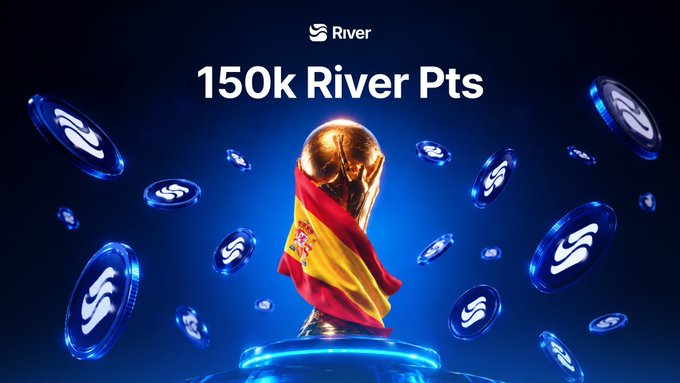 A promotional graphic displays '150k River Pts' with a golden World Cup-style trophy draped in a Spanish flag, surrounded by floating blue River tokens.