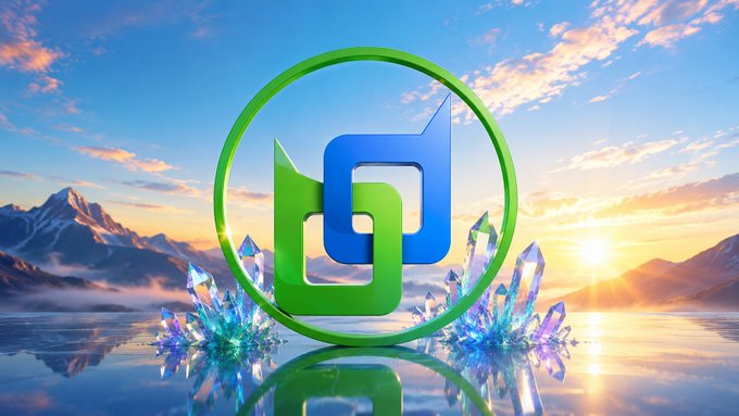 A stylized logo featuring interlocking green and blue 'G' shapes in a circle, set against a background of mountains, a lake, and crystals at sunset.