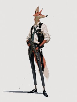 An anthropomorphic fox character is depicted dressed as a sheriff or law enforcement officer, wearing a white shirt, tie, tactical harness, and dark pants while holding a rifle. The "new sheriff in town" caption pairs with the image to humorously suggest the fox character is the latest enforcer of law and order in a stylized, anthropomorphic setting.