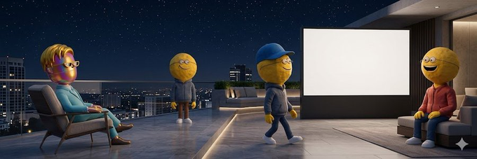 A 3D-rendered scene on a rooftop terrace at night featuring several emoji-like figures with yellow smiley faces and different outfits, with a large blank white billboard and city lights in the background.