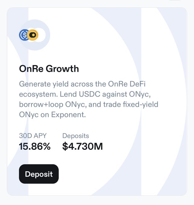 The image shows a white background with black text that reads "OnRe Growth" at the top of the screen. Below this, there are two circles containing the words "OnRe" and "Growth", as well as an arrow pointing towards them. The text also mentions that the user can deposit their positions on Solana using the provided link.