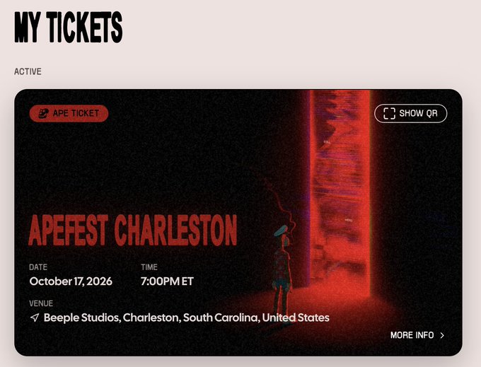 A digital event ticket for 'APEFEST CHARLESTON' on October 17, 2026, at 7:00 PM ET at Beeple Studios, with a 'SHOW QR' button and red-lit artwork.