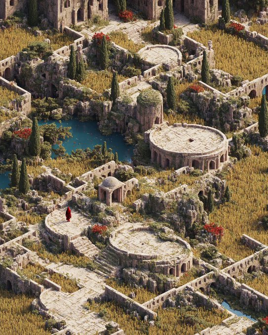A lone figure in a red robe stands amid the sun-bleached ruins of an ancient labyrinthine city, where crumbling circular temples, stone archways, and turquoise waterways sprawl across the golden landscape—evoking the spirit of discovery highlighted in the NFT sale caption.