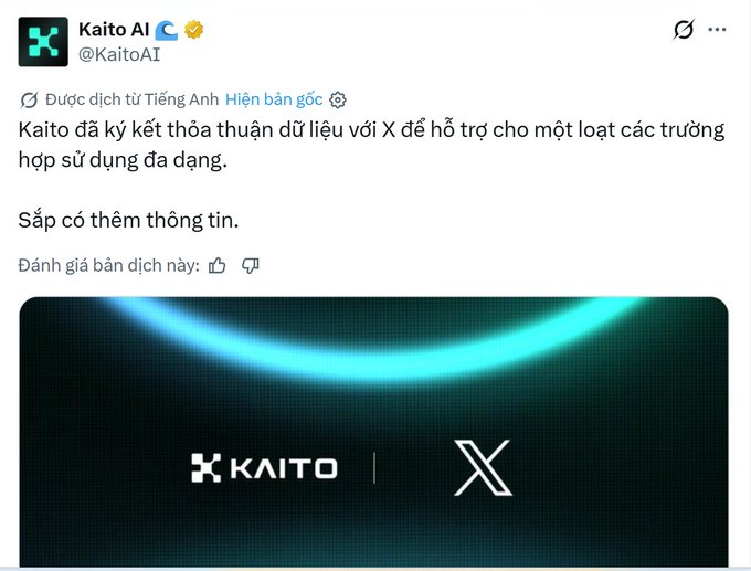 A tweet from Kaito AI (@KaitoAI) in Vietnamese announcing a data licensing agreement with X, displayed with a Kaito and X logo graphic.