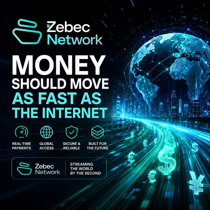 A promotional graphic for 'Zebec Network' featuring a digital globe and flowing streams of currency symbols, with the tagline 'MONEY SHOULD MOVE AS FAST AS THE INTERNET' and features like real-time payments and global access.
