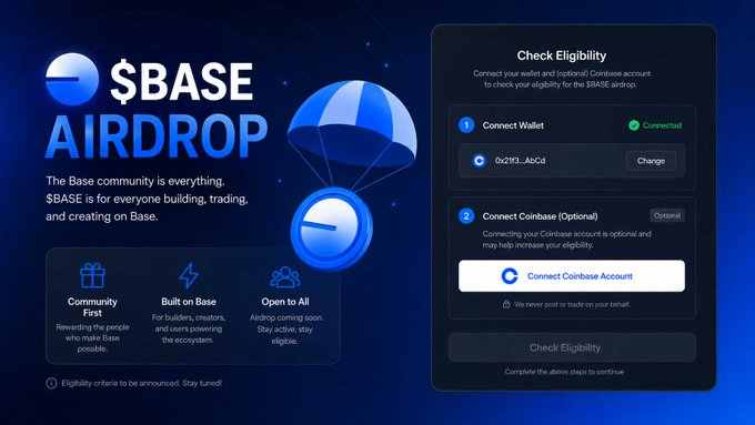 The image shows a screenshot of an Airdrop page from Base, which appears to be promoting its system for connecting people with potential investors or partners.