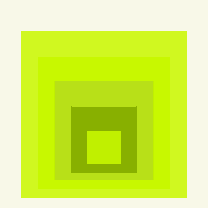 A minimalist geometric design consisting of concentric squares in graduating shades of green/yellow-green on a cream background.