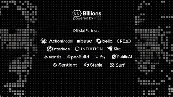 The image features a black background with white text that reads "00bills powered by x82" at the top, followed by a list of logos for various companies such as ActionVectors, OpenBuild, and Base. The text also mentions an AI agentic movie being launched on January 1st, 2023.