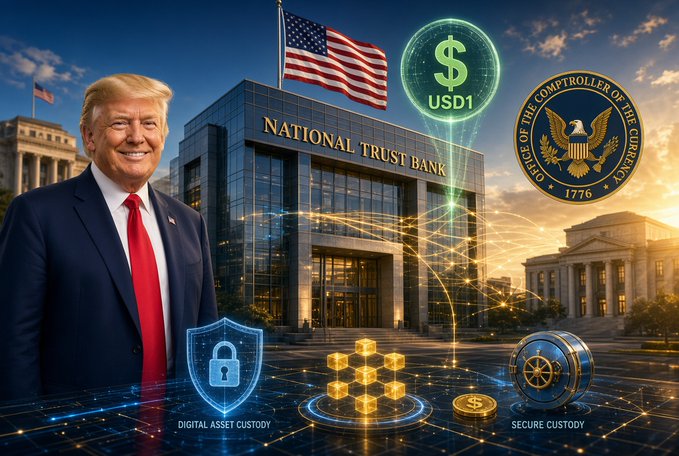 This digital composite features Donald Trump alongside a building labeled "NATIONAL TRUST BANK," the U.S. flag, and the seal of the "OFFICE OF THE COMPTROLLER OF THE CURRENCY," visually representing the news about the OCC conditionally approving WLFI to establish a national trust bank. The image incorporates themes of digital finance through icons for "DIGITAL ASSET CUSTODY," "SECURE CUSTODY," and the "$USD1" ticker.