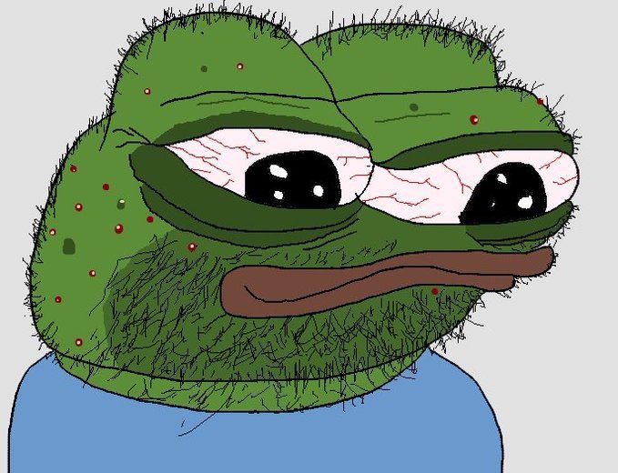 A digitally drawn, rough sketch-style illustration of a Pepe the Frog character with detailed eyes, wearing a blue shirt against a gray background.